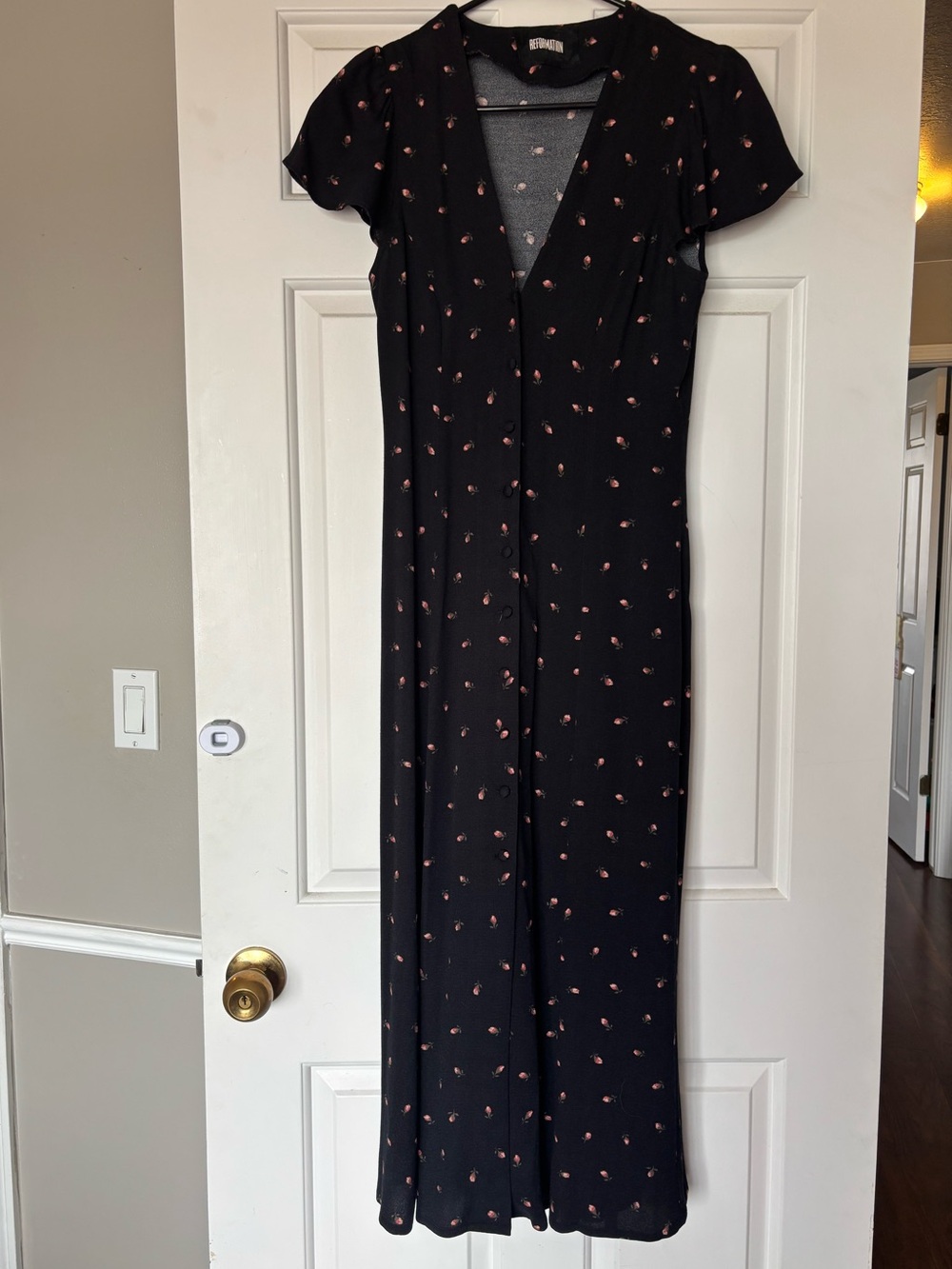 Reformation Black Maxi Dress with Pink Floral Dot Print